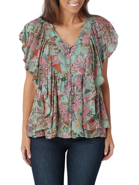 Haute Hippie Tops - Haute Hippie Tribe Karen Floral Flutter Sleeve Babydoll Blouse Modal Size S Boho